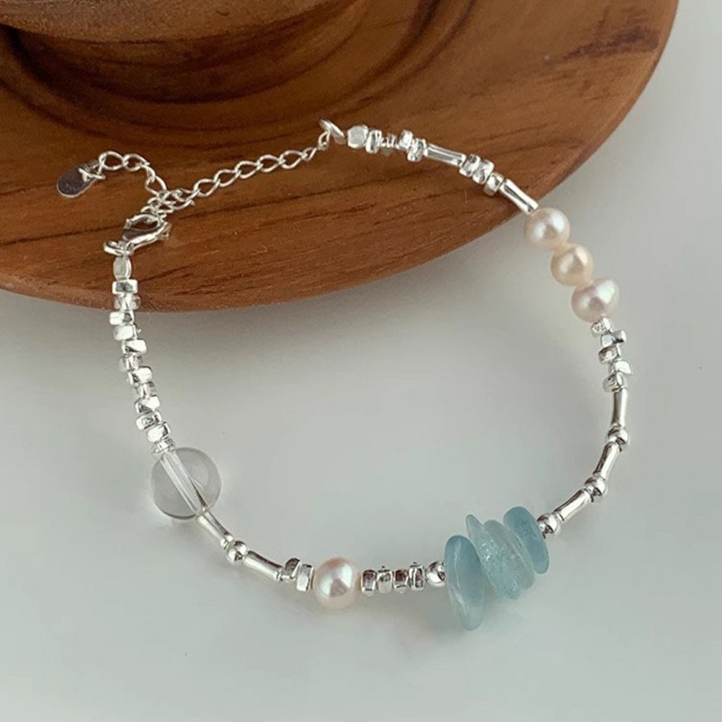 Irregular Sapphire Freshwater White Crystal Pearl Bracelet   