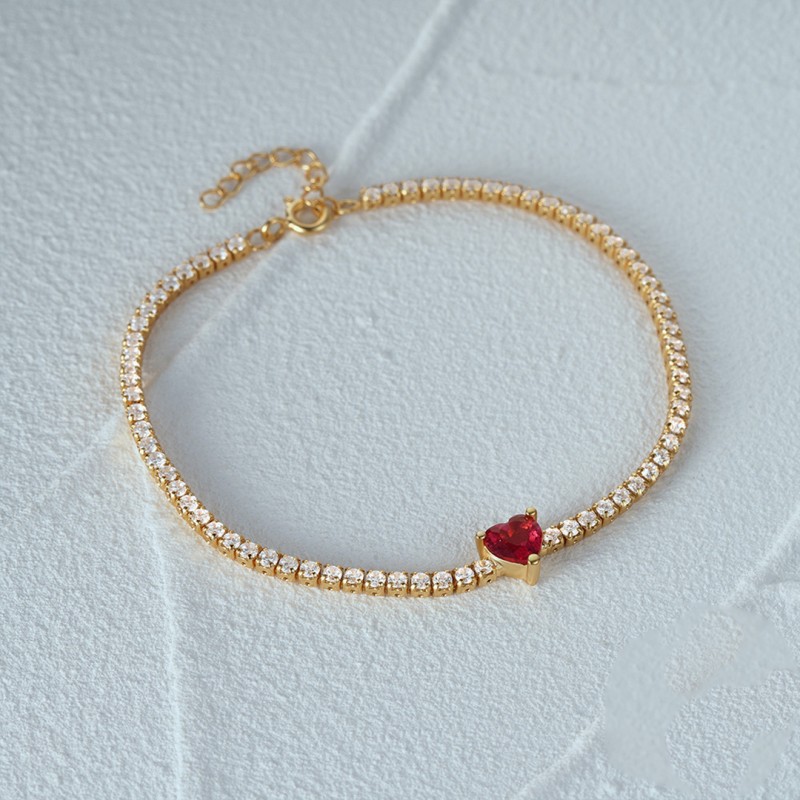 Luxurious Colorful Diamond Tennis Bracelet with Vintage Red Heart