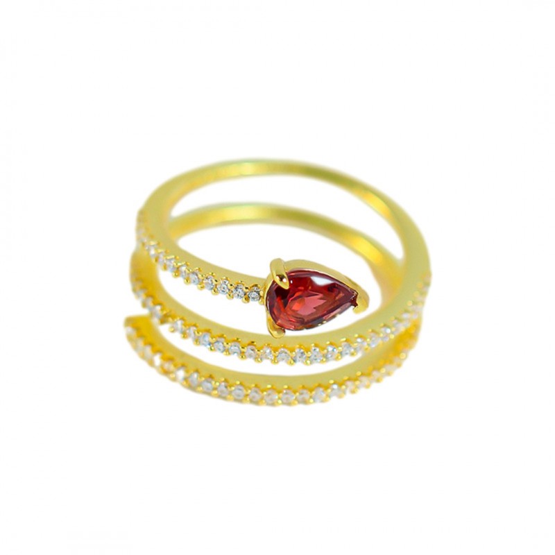 Ring with Gold Plating and Garnet Teardrop Inlay