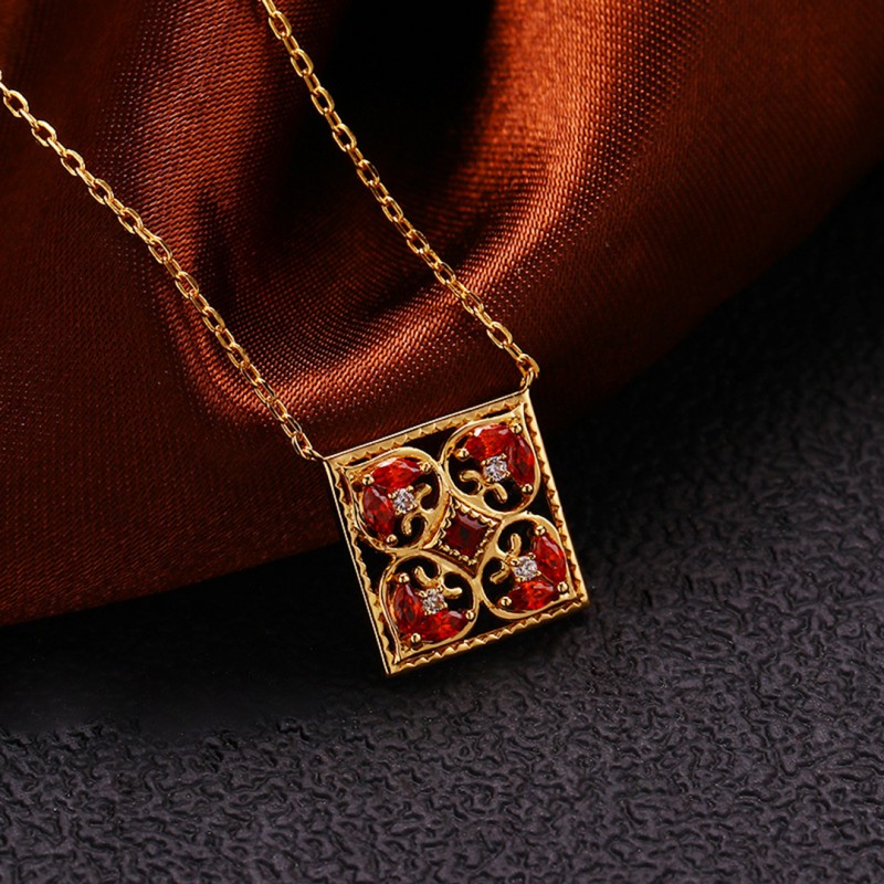 Square Hollow Garnet Pendant Necklace for Women