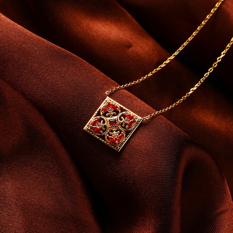 Square Hollow Garnet Pendant Necklace for Women