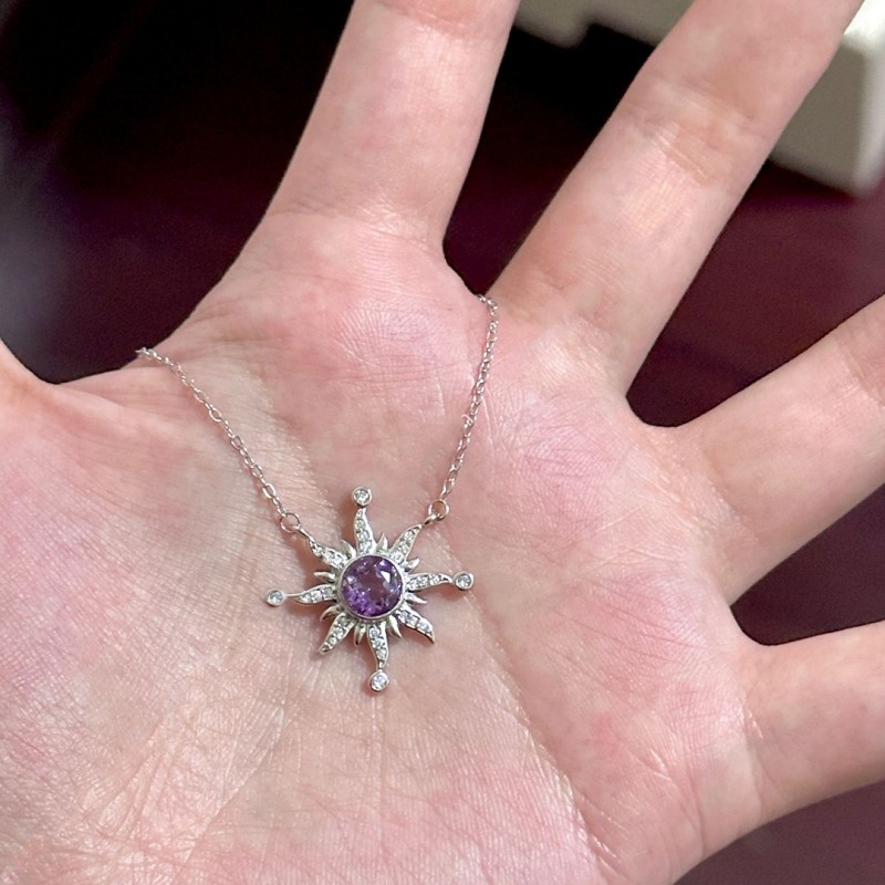 Necklace with Natural Amethyst Sunflower Pendant 