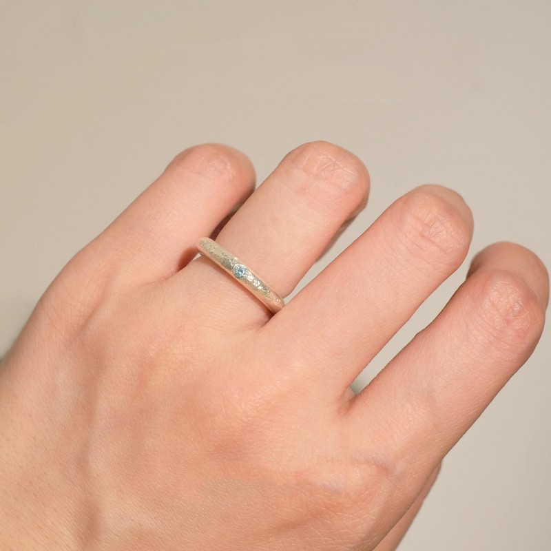 Minimalist Matte Texture Ring with Brushed Aquamarine