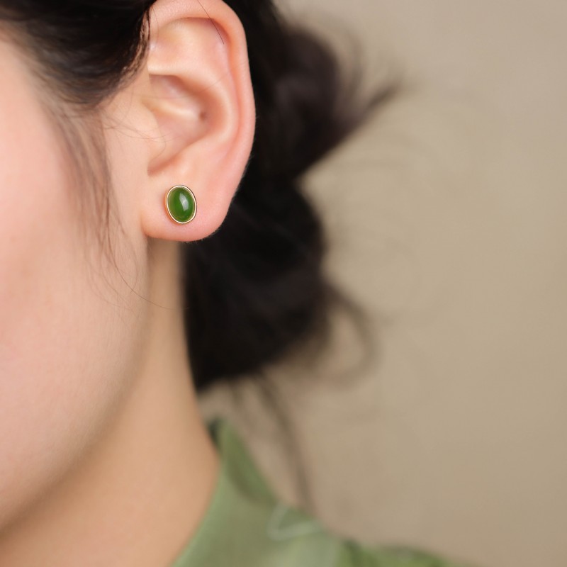 Jade Stud Earrings, Egg-faced Natural 