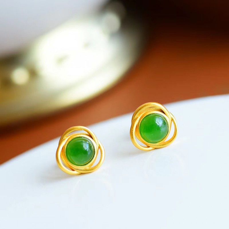 Jade Gemstone Round Stud Earrings  