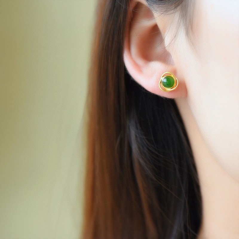 Jade Gemstone Round Stud Earrings  