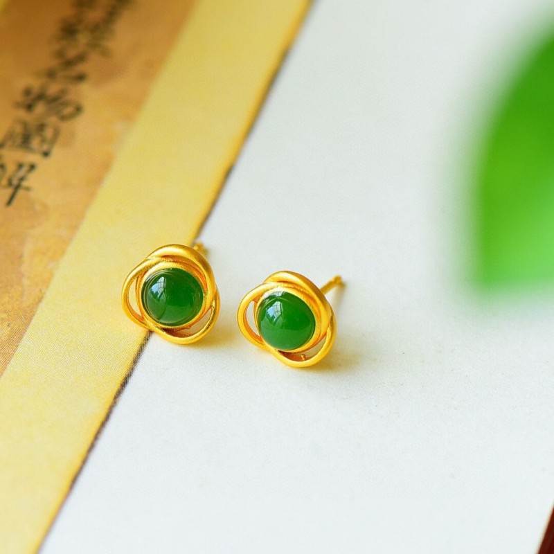 Jade Gemstone Round Stud Earrings  