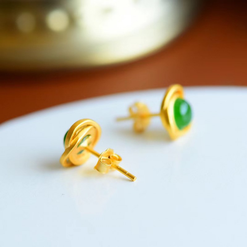 Jade Gemstone Round Stud Earrings  