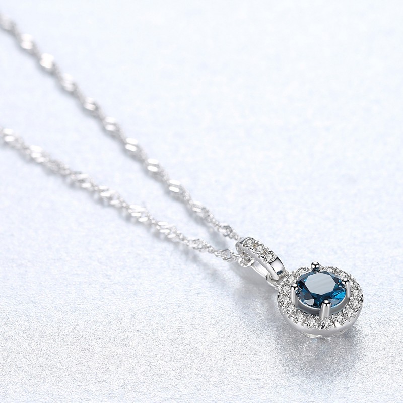 Round Pendant Jewelry Necklace Women's Wave Chain Sapphire