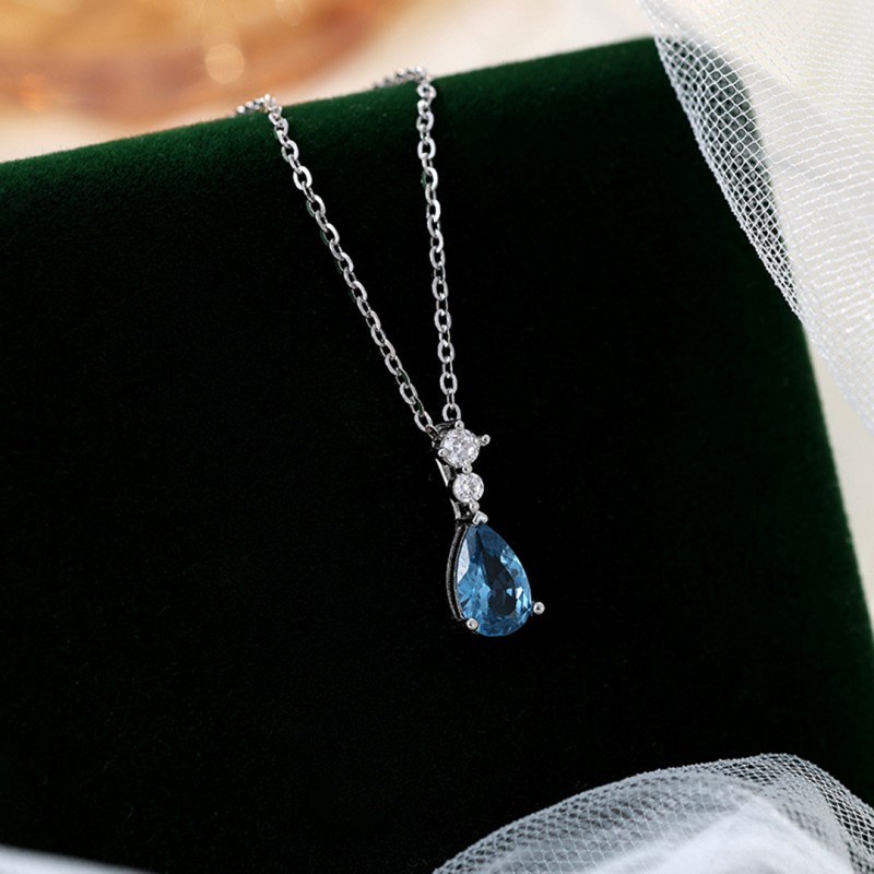 Water Drop Cubic Zirconia Necklace with Sapphire Pendant