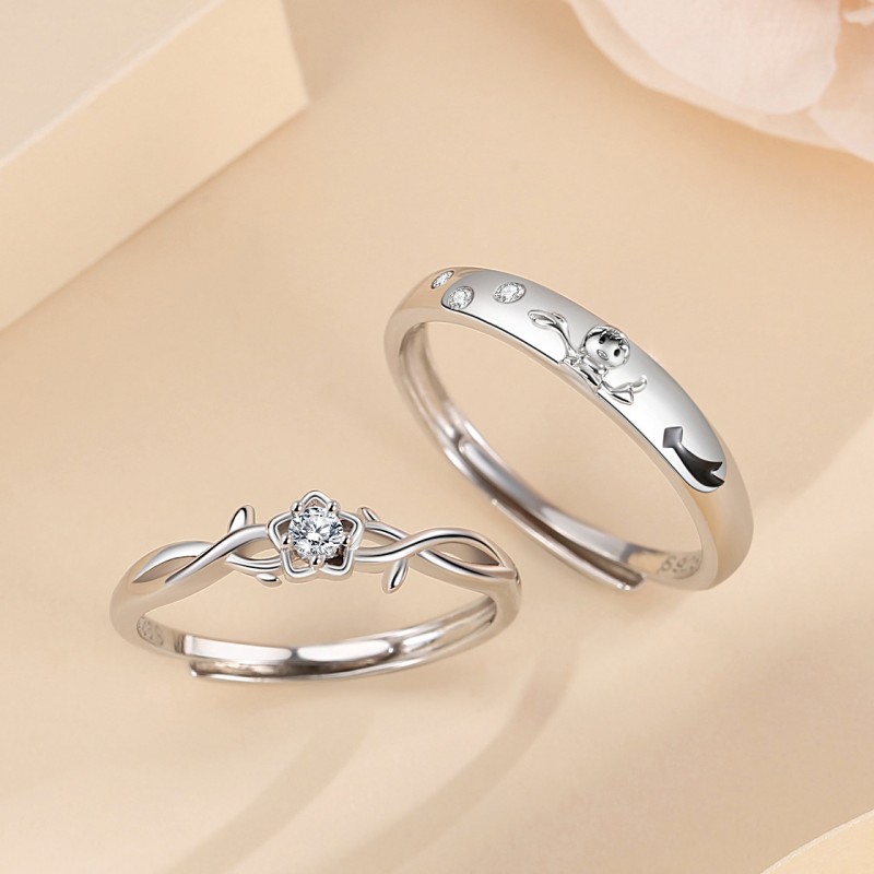 Little Prince and Rose Couple Ring with Adjustable Opening