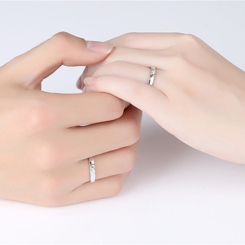 Open Heart-shaped Couple Rings with Diamond Inlay