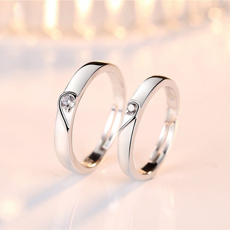 Open Heart-shaped Couple Rings with Diamond Inlay