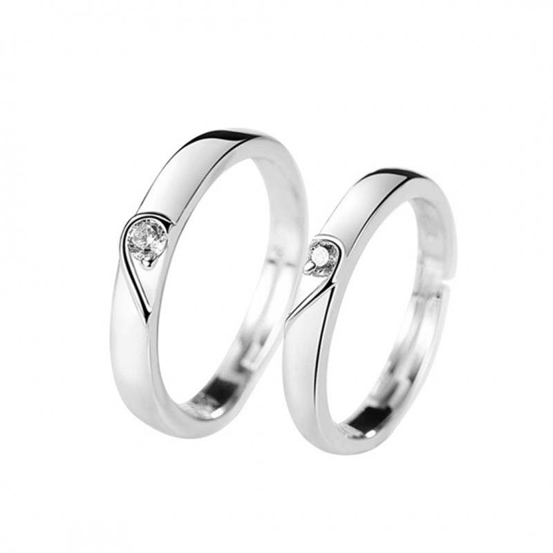 Open Heart-shaped Couple Rings with Diamond Inlay