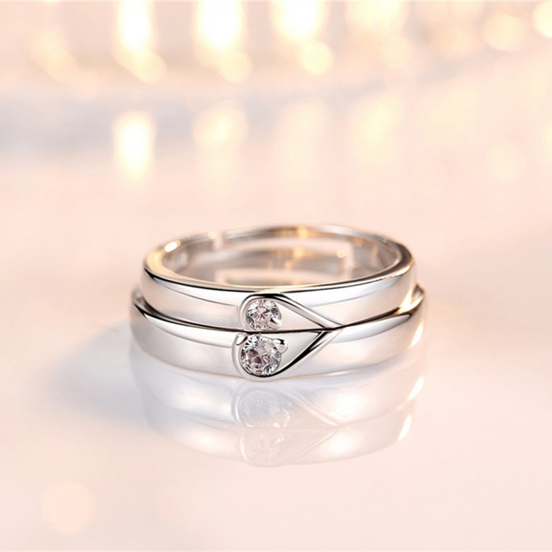 Open Heart-shaped Couple Rings with Diamond Inlay