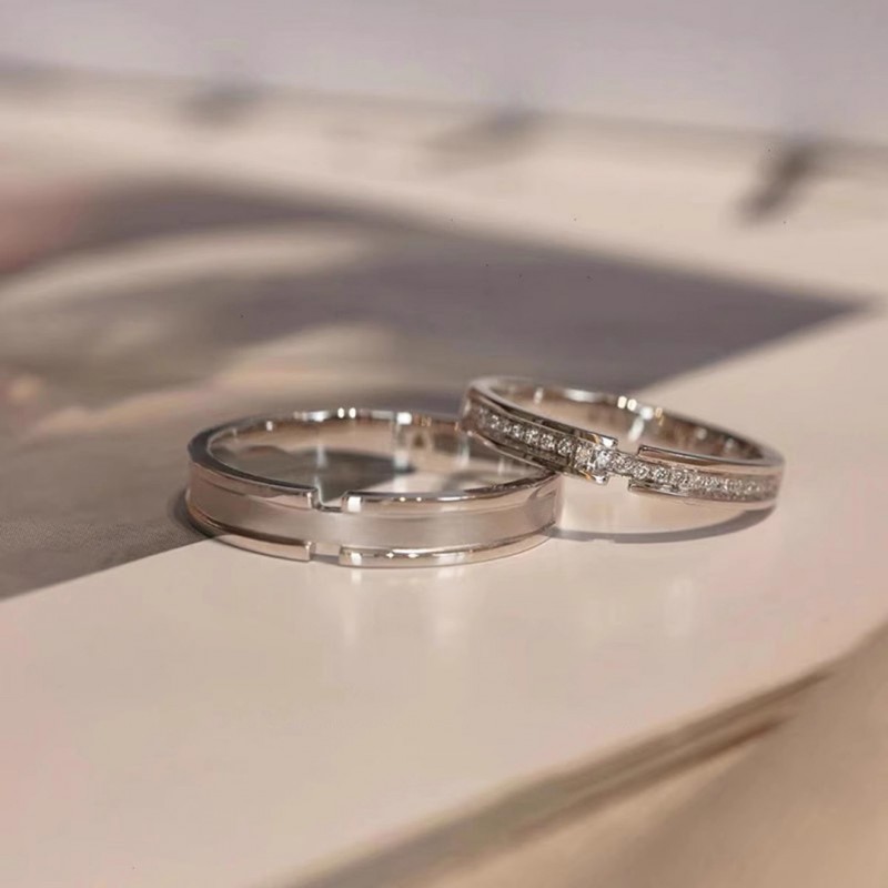 Couple Rings with Open Design, Unique and Simple Matte Texture with Diamond Inlay