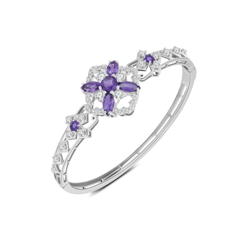 Natural Amethyst and White 4A Zircon Bracelet Buckle Hollow Flower Design