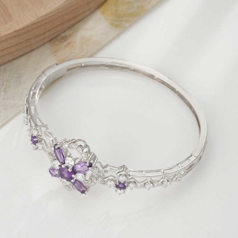 Natural Amethyst and White 4A Zircon Bracelet Buckle Hollow Flower Design