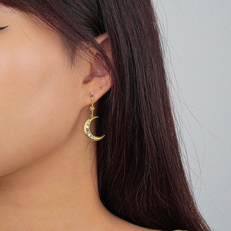 Asymmetrical Star and Moon Design Drop Earrings 