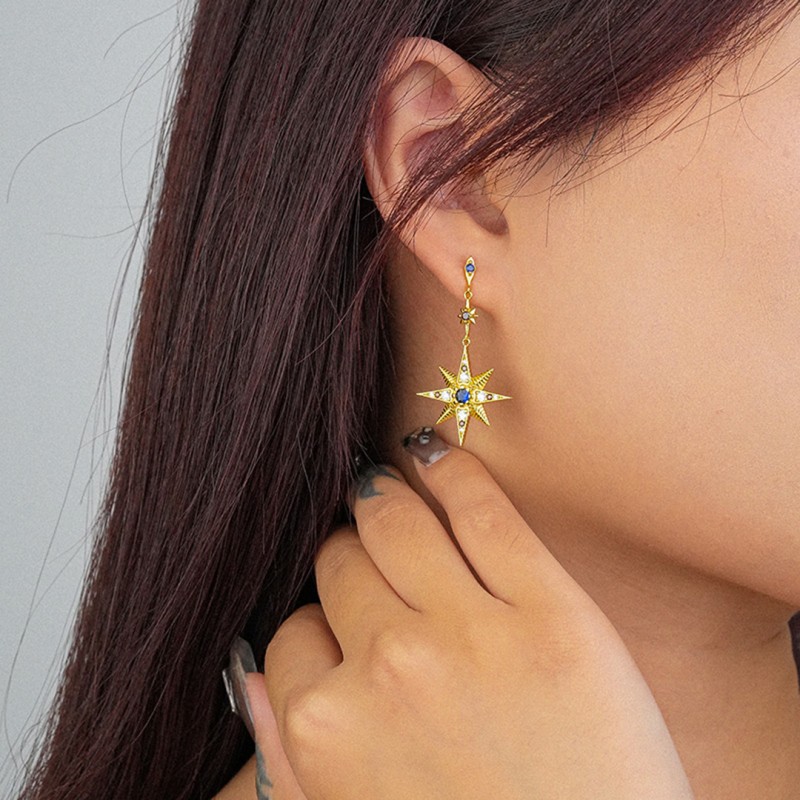 Asymmetrical Star and Moon Design Drop Earrings 