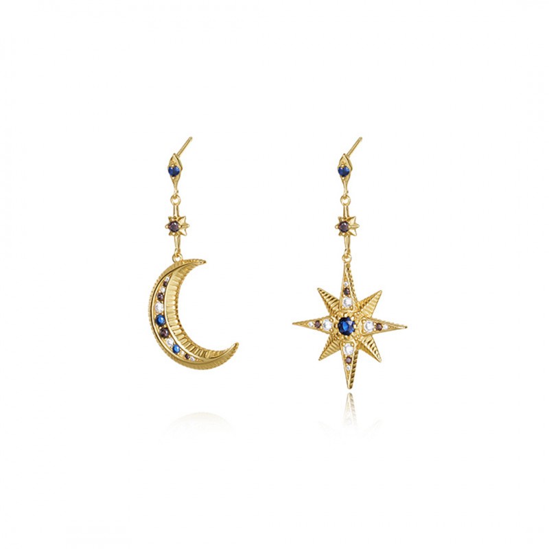 Asymmetrical Star and Moon Design Drop Earrings 