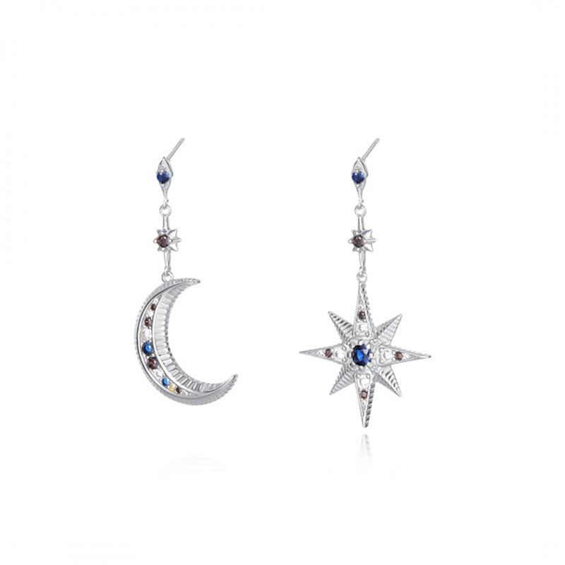 Asymmetrical Star and Moon Design Drop Earrings 