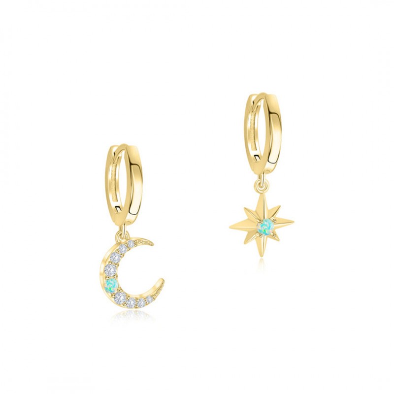 Star and Moon Inlaid Diamond Australian Opal Drop Earrings