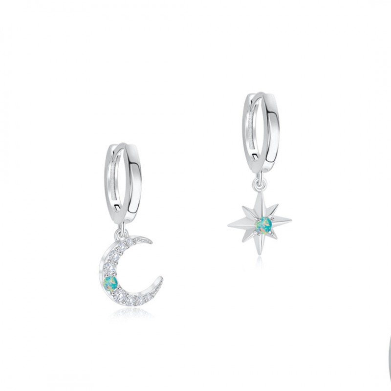 Star and Moon Inlaid Diamond Australian Opal Drop Earrings