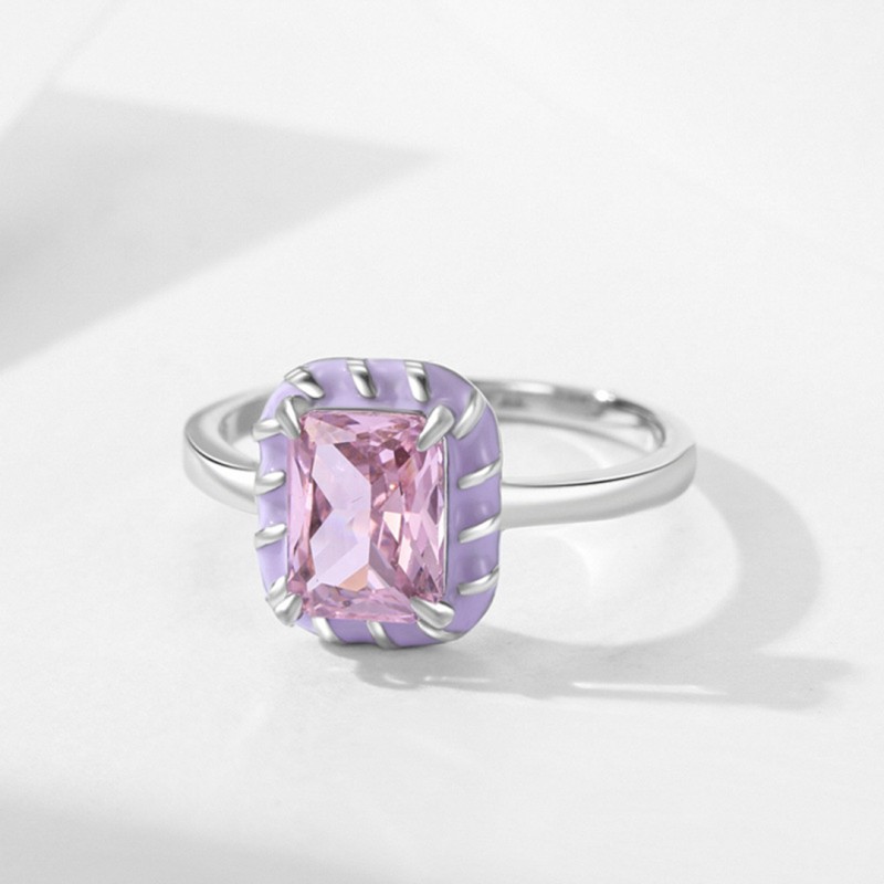 Luxurious Pink Rectangular Cubic Zirconia Enamel Engagement Ring