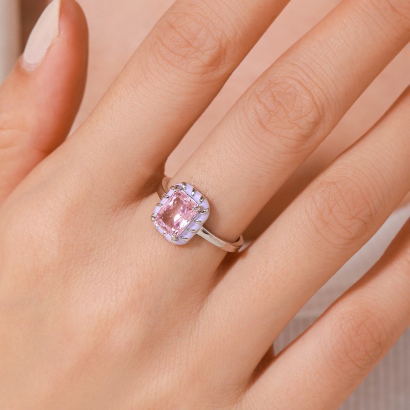 Luxurious Pink Rectangular Cubic Zirconia Enamel Engagement Ring