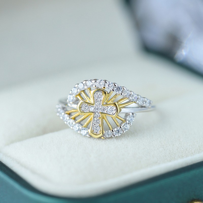 Bicolor Cross-set Diamonds Engagement Wedding Ring