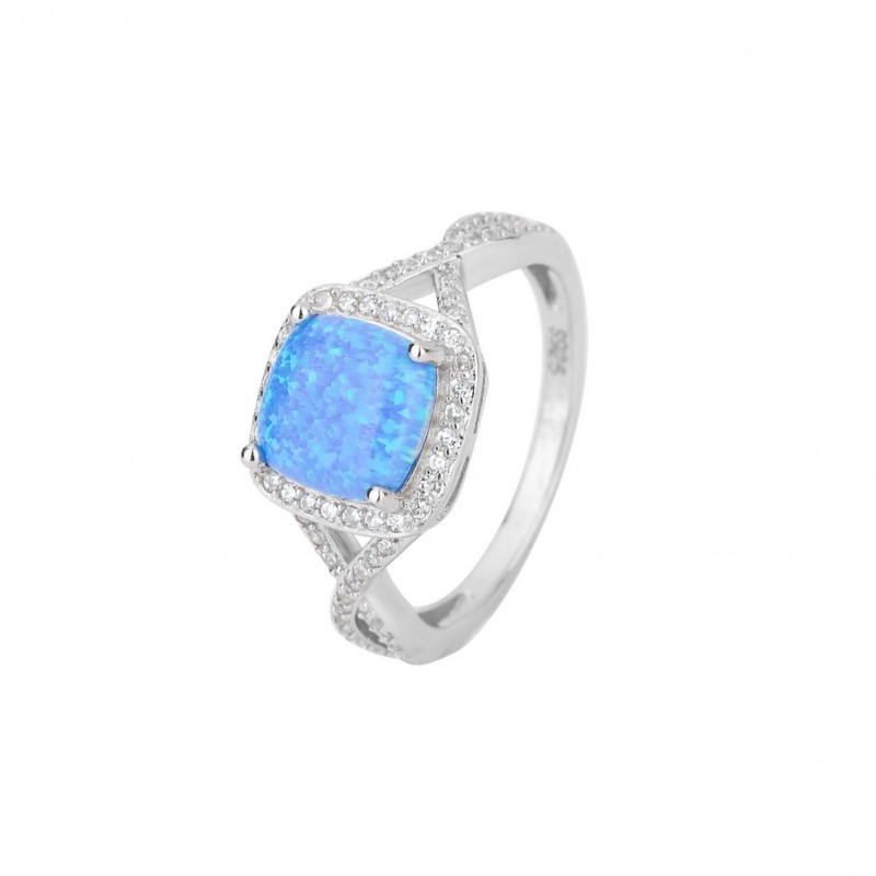 Simple Square Blue Opal Set Diamond Engagement Ring