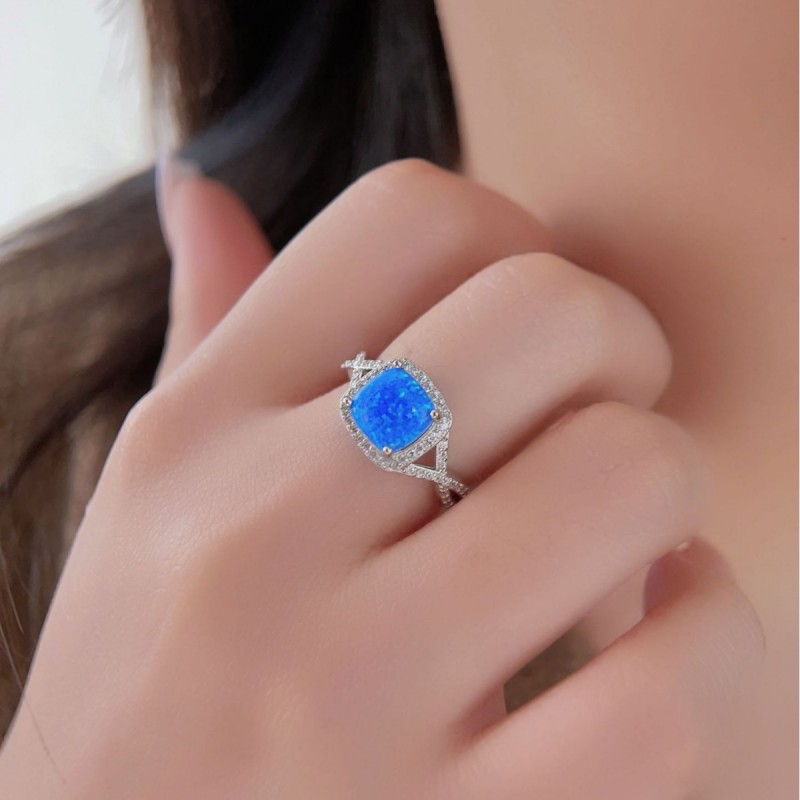 Simple Square Blue Opal Set Diamond Engagement Ring