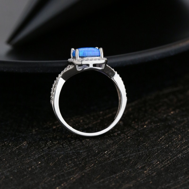 Simple Square Blue Opal Set Diamond Engagement Ring