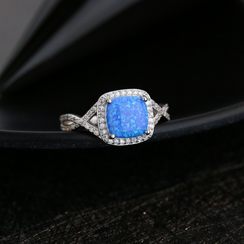 Simple Square Blue Opal Set Diamond Engagement Ring