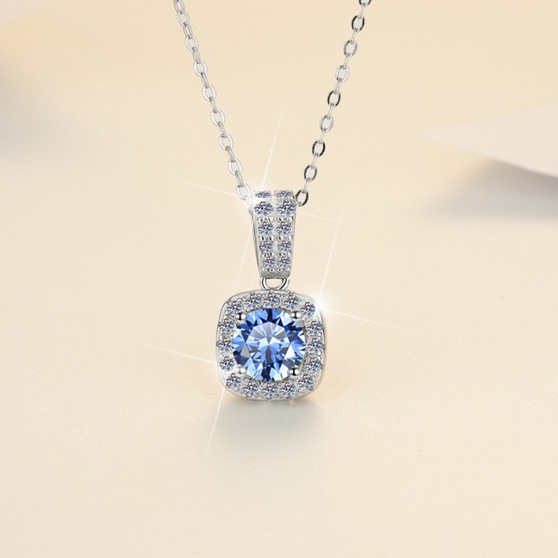 Necklace with 1 Carat Square Blue D Color Mozambique Stone