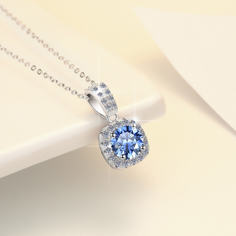 Necklace with 1 Carat Square Blue D Color Mozambique Stone