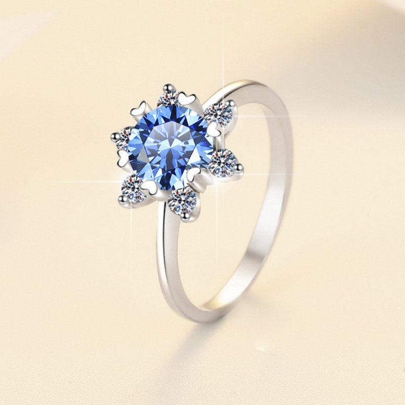 Blue Moissanite 1 Carat Engagement Wedding Ring Hexagram 