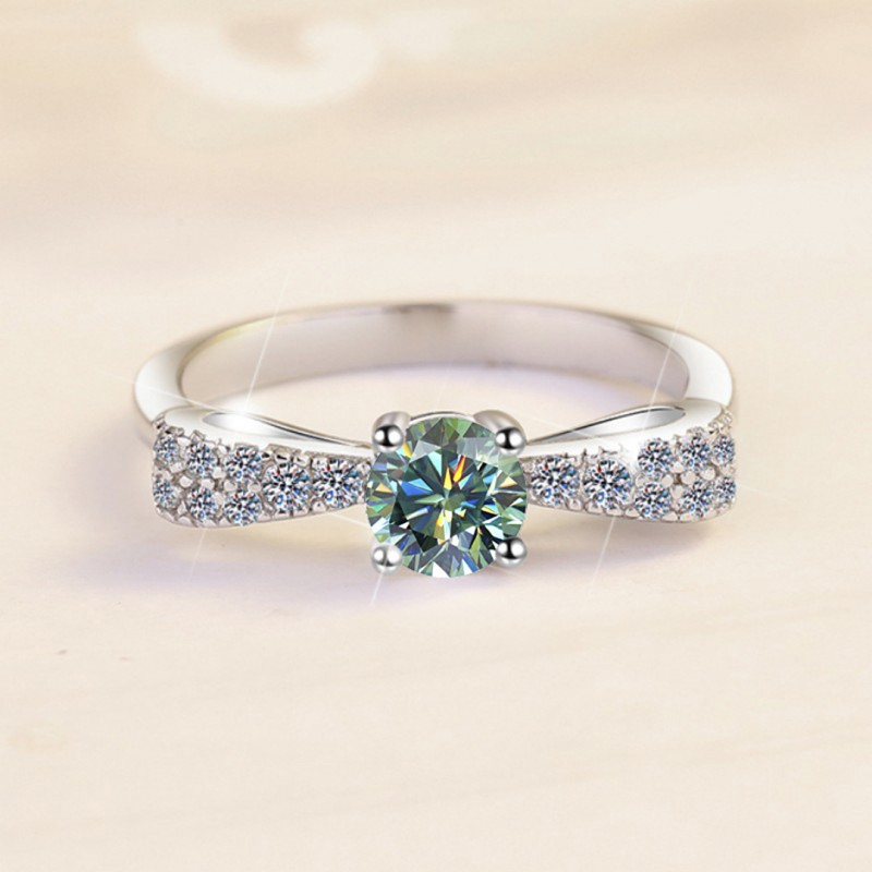 Butterfly Bow 50 Points Green Moissanite Open Adjustable Ring 