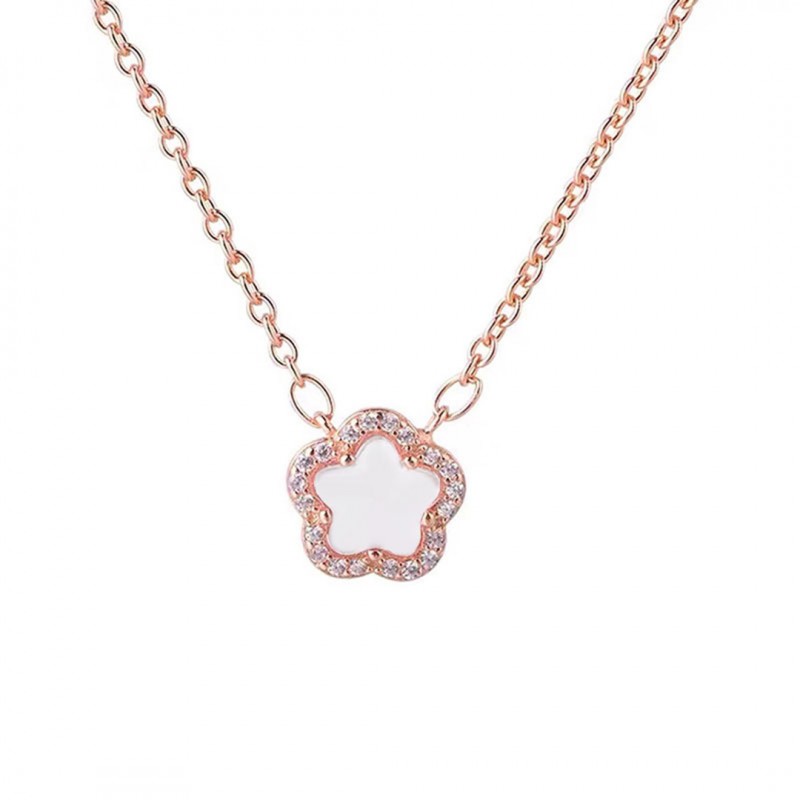 Cherry Blossom Necklace with Sparkling Diamonds and White Jade