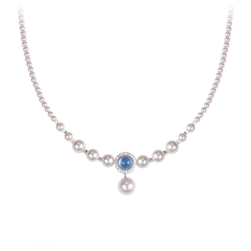 Natural Aquamarine Necklace with High-intensity Round Pearl