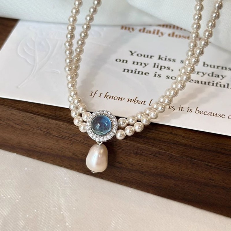 Natural Aquamarine Pearl Double Layer Necklace Niche