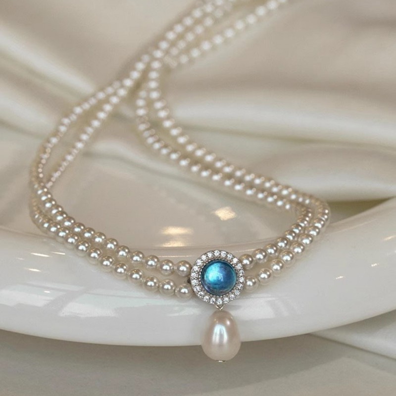 Natural Aquamarine Pearl Double Layer Necklace Niche