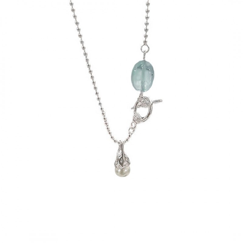 Natural Aquamarine OT Clasp Necklace with Small Light Bulb Pearl