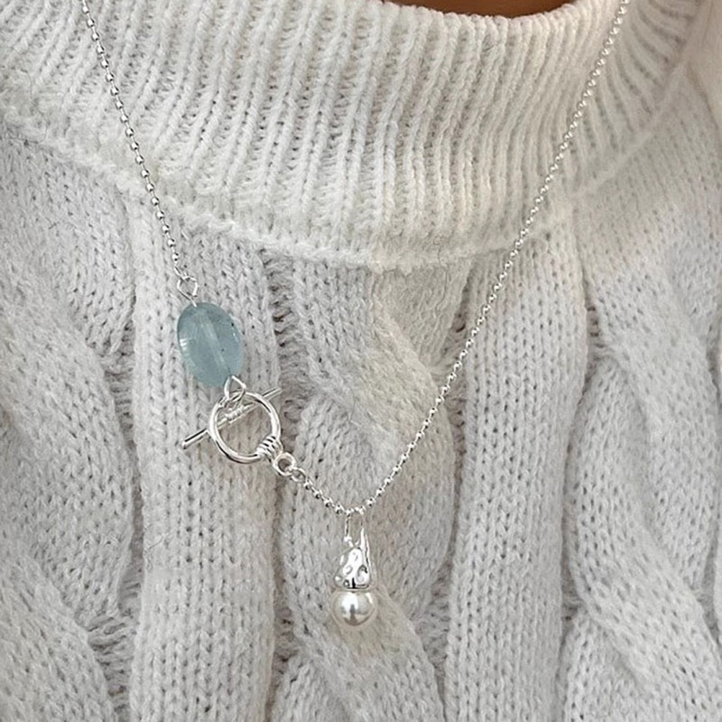 Natural Aquamarine OT Clasp Necklace with Small Light Bulb Pearl