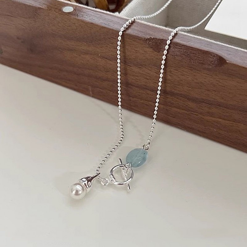 Natural Aquamarine OT Clasp Necklace with Small Light Bulb Pearl