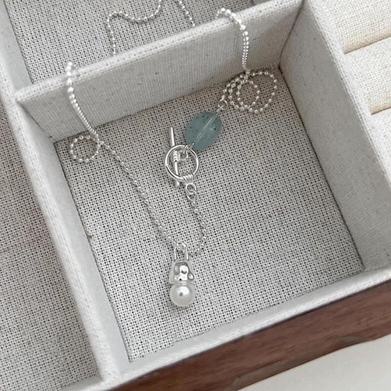 Natural Aquamarine OT Clasp Necklace with Small Light Bulb Pearl