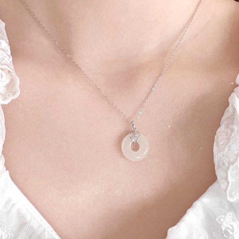 Silver White Jade Button Necklace