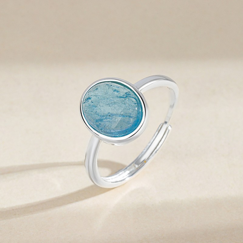 Oval Blue Topaz Crystal Ring, Simple and Adjustable