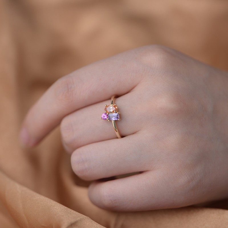 Geometric Rectangular Oval Colored Zircon Ring 